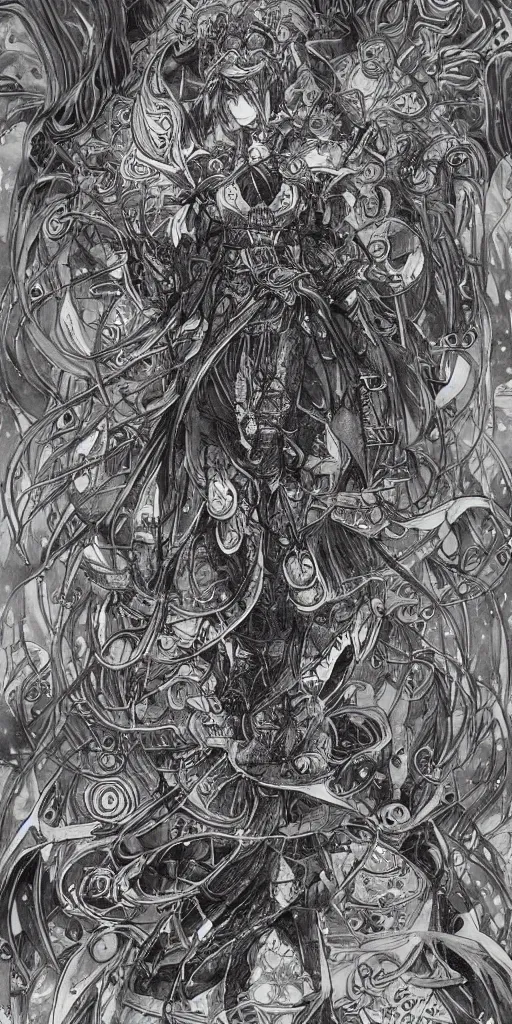 Image similar to a mage from final fantasy 14 drawn by Yoshitaka Amano, intricate, amazing line work, cosmic, psychedelic, cheerful,