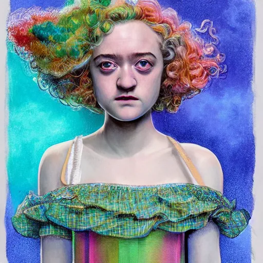 Image similar to surrealism psychedelic portrait sketch of julia garner as delirium of the endless in fishnet top and rainbow tutu skirt from the sandman, floating goldfish, green and blue eye heterochromia by alex ross, josh kirby, detailed, elegant, intricate