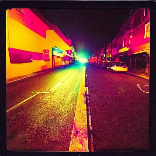 Image similar to colorful instant photograph of the middle of the street at night, polaroid, light leak, raw, nostalgic