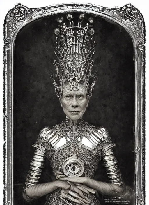 Prompt: old wetplate daguerreotype frame portrait of a futuristic silver armored queen elisabeth emperor district 9 cyborg, fractal, intricate, elegant, highly detailed, subsurface scattering, by jheronimus bosch and greg rutkowski and louis jacques mande daguerre
