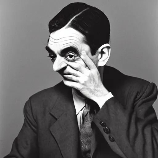 Prompt: a photograph of mr bean by man ray