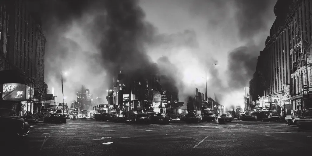 Image similar to high resolution photo of a new york street at night with an old church on fire surrounded with smoke and cars with bright headlights by robert capa, realistic photo, leica, cinematic lighting, magnum award winning photograph, parallax photography,