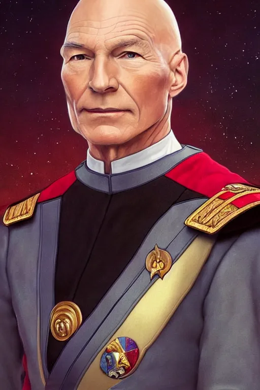 Prompt: portrait photograph of captain picard as a glorious regal space king, sleek outfit, upper body, fantasy, handsome, depth of field, soft focus, highly detailed, intricate, realistic, national geographic cover, soft glow, textured, artstation, concept art, sharp focus, illustration, art by artgerm and greg rutkowski and alphonse mucha