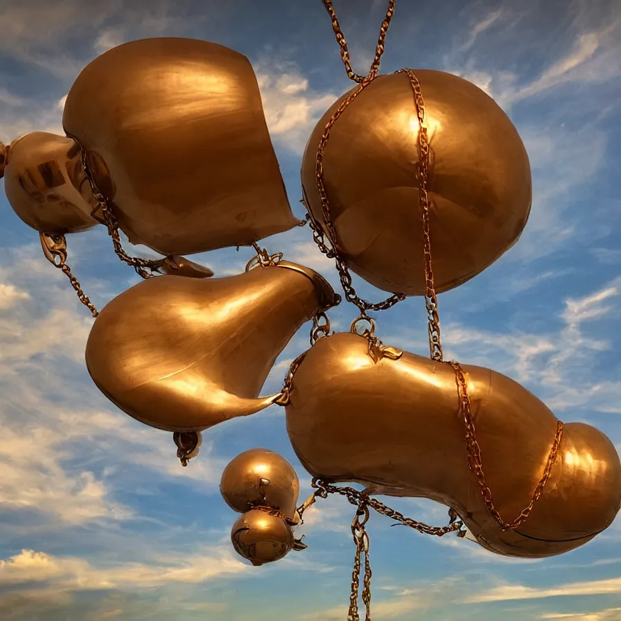 Prompt: beautiful blimps! high in the sky, copper chains hanging from the edges, ( ( steampunk styled ) ), golden hour, steam clouds, clouds, award winning photography, highly detailed, low poly, extremely wide angle