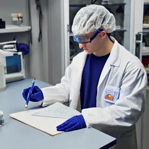 Image similar to mothman, wearing a labcoat, in a lab, writing on a clipboard