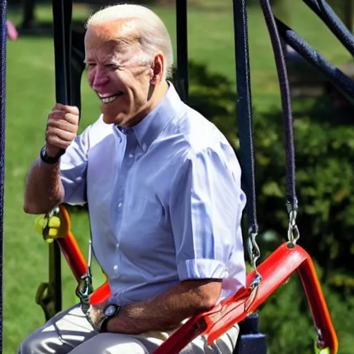 Prompt: Joe Biden rides a swing set while disappointed children watch him