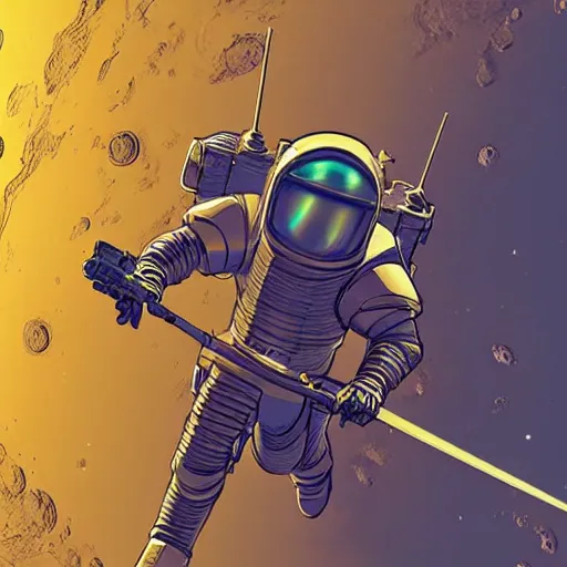 Prompt: a crusader knight in armor on the moon in no man's sky styles : cloisonnism, syd mead, moebius