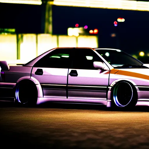 Prompt: a car JZX90 turbo drift at illegal car meet, Chiba prefecture, city midnight mist lights, cinematic color, photorealistic, highly detailed, work wheels, 85MM