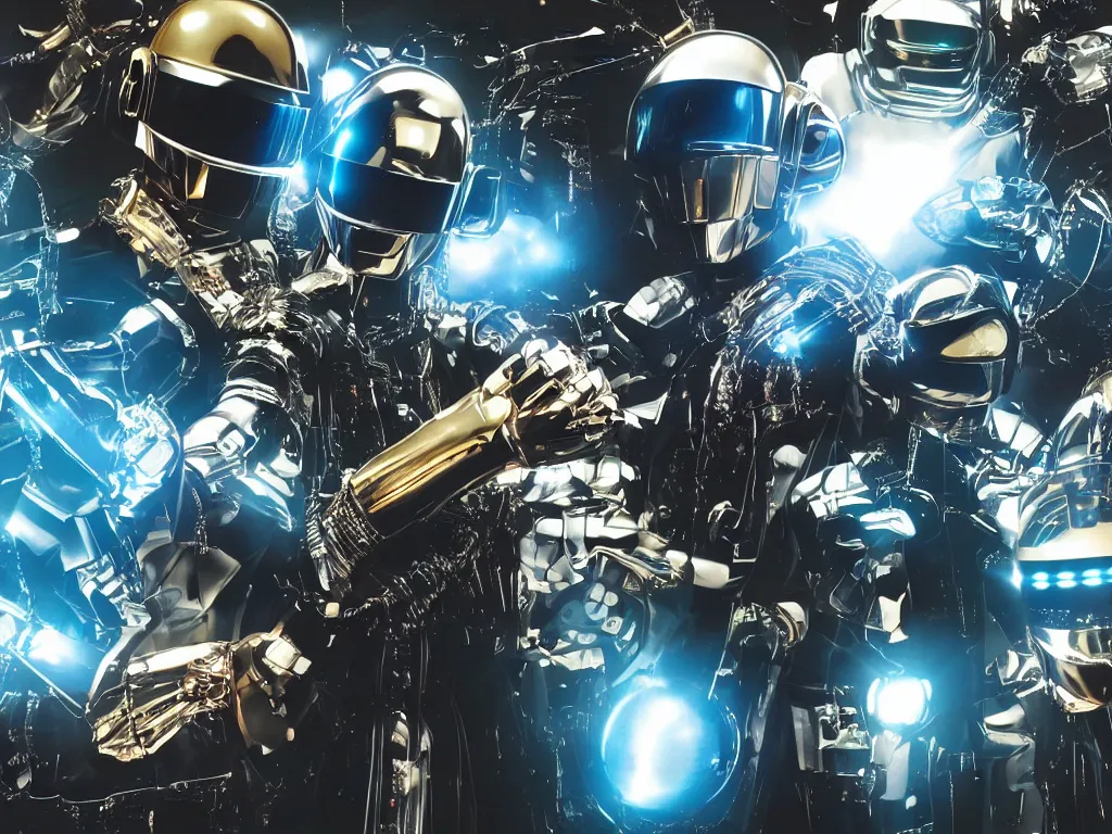 Prompt: a cinematic photo real depiction of daft punk as roland tb-303 self replicating robot shogon samurai ,hyper detail wrapping bio-mech fiber optic cables with particles and machine parts, Beautiful metallic glowing tech volumetric lighting, cgsociety, artstation, wideangle fisheye lens, dof:-1