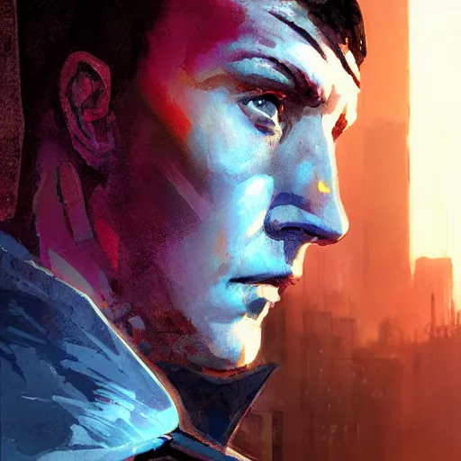 Image similar to cyberpunk, armitage, closeup portrait of a stoic ex soldier with a battlescar and light blue eyes, brown buzzcut, cyborg, dramatic light, city background, sunset, dystopian setting, high contrast, sharp, neuromancer, painted by stanley lau, painted by greg rutkowski, painted by stanley artgerm, digital art, trending on artstation