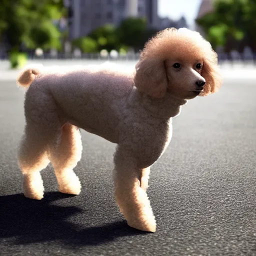 Prompt: a small poodle, walking on the street, on a leash, owner on the right hand side, photorealistic, 4k