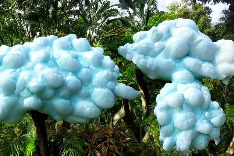 Prompt: a huge flock of many smooth puffy marvelous cloud sculptures with whirling ultra detailed gemstone crystal sculptures, art nouveau jungle environment, soothing, crepuscular rays, award winning art, epic dreamlike fantasy landscape, ultra realistic,