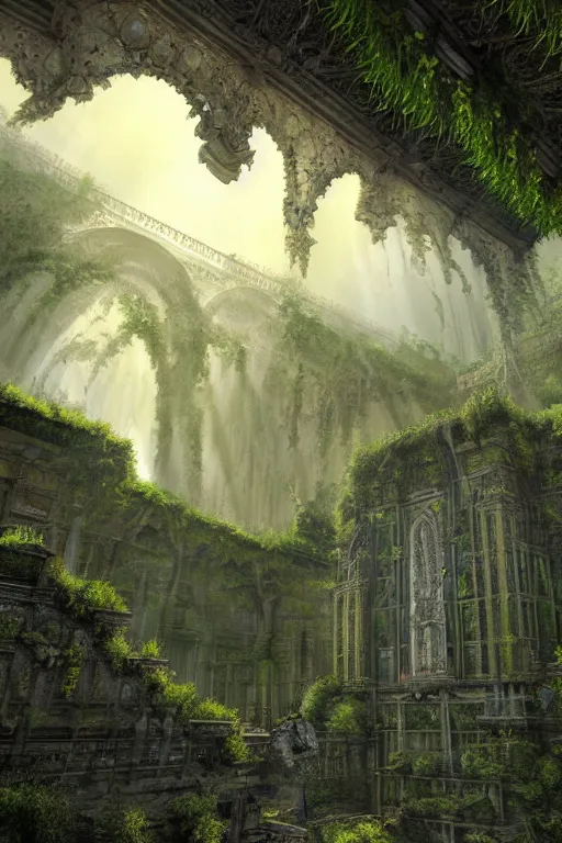 Image similar to ancient fractal temple megastructure in the hanging gardens of a radiant cathedral, overgrown garden,, scanned earth terrain bridges, erosion algorithm landscape, by albert bierdstat, by glenn small, high fantasy, high resolution, photorealism, populated by luminous beings, god rays in volumes of fog, looking up perspective