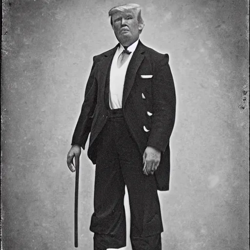 Image similar to trump dressed as old-timey circus strong man, 1900s black and white photo