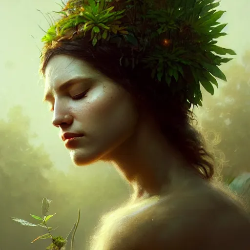 Image similar to a beautiful portrait of a plant goddess with closed eyes by Greg Rutkowski and Raymond Swanland, Trending on Artstation, ultra realistic digital art