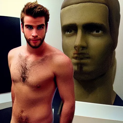 Image similar to “a realistic detailed photo of a guy who is an attractive humanoid who is half robot and half humanoid, who is a male android, actor Liam Hemsworth, shiny skin, posing like a statue, blank stare, at the museum, on display”