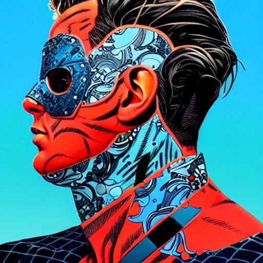 Image similar to a portrait of a back man with side profile blood in ocean intricate details :: side profile :: futuristic mask :: by MARVEL comics and Sandra Chevrier