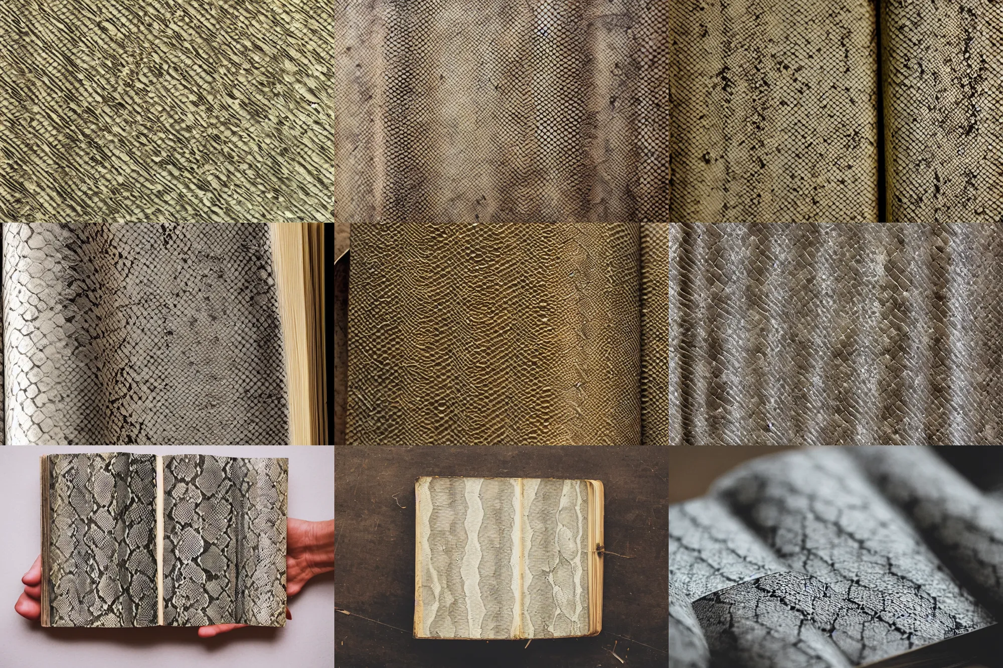 Prompt: photograph of snake skin covering a book