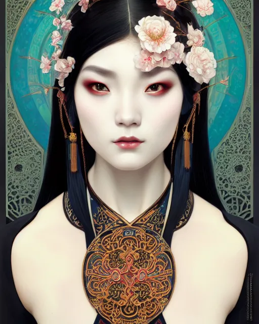 Prompt: portrait of a gothic girl, machine face, upper body, decorated with chinese opera motifs, traditional chinese art, intricate, elegant, highly detailed, digital painting, artstation, concept art, smooth, sharp focus, illustration, art by artgerm and greg rutkowski and alphonse mucha, 8 k