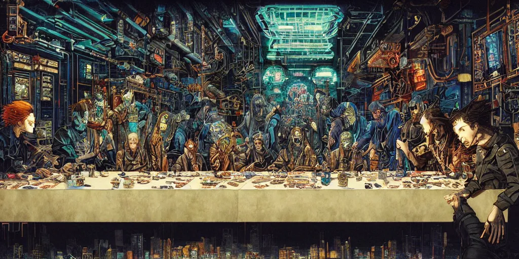 Image similar to the last supper, cyberpunk style, circuits, holy technology, mural art, by yoichi hatakenaka, masamune shirow, josan gonzales and dan mumford, ayami kojima, takato yamamoto, barclay shaw, karol bak, yukito kishiro