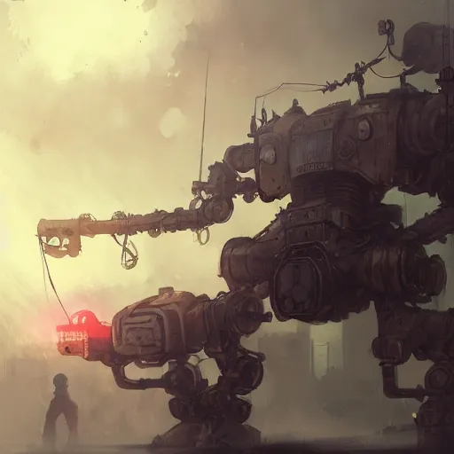 Image similar to gigantic steampunk mecha, industrial machine, colored light beams, dense fog, trending on artstation, jakub rozalski