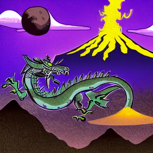Prompt: a purple dragon fighting a retro spaceship with a volcano in the background