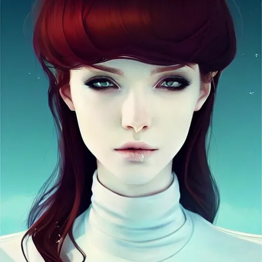 Image similar to beautiful pale vampire with auburn hair in a white turtleneck dress, on a super yacht, by guweiz and wlop and ilya kuvshinov and and moebius and bilal and artgerm, symmetrical eyes, aesthetic, gorgeous, stunning, alluring, attractive, half body portrait, artstation, deviantart, pinterest, digital art