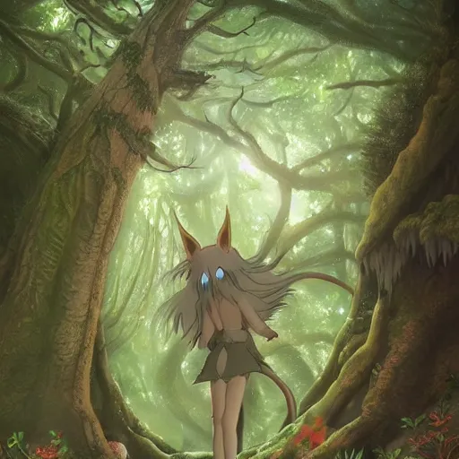 Image similar to fantasy creature in the forest in the ghibli artstyle, art 8k detailed, smooth, highly detailed, ghibli