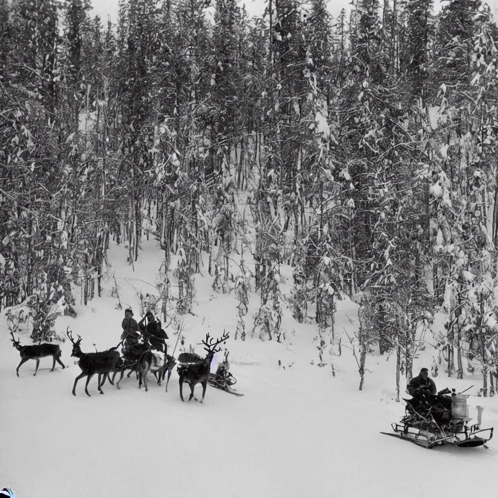 Prompt: world's first photo of man herding reindeer while driving a snowmobile, spruce forest surroundings, mildly snowy atmosphere, cold, winter, 1 9 2 3, finland