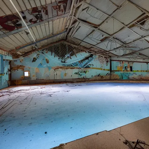 Prompt: abandoned indoor children's water park, water slides visible in the darkness, oddly familiar, nostalgic, unsettling