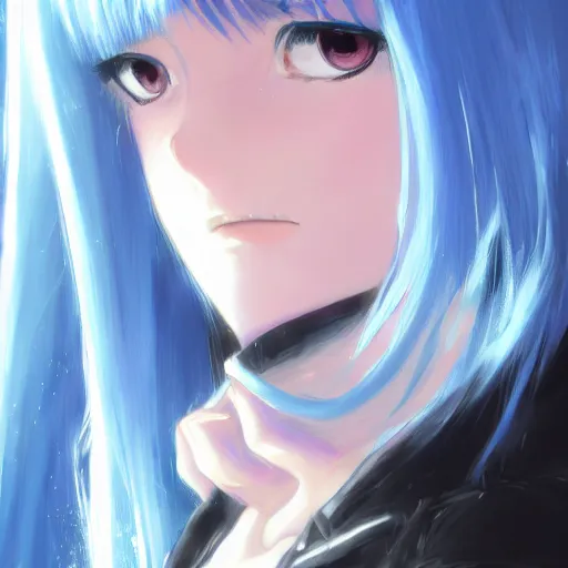 Image similar to full shot of rimuru tempest, sky blue straight hair, long bangs, with amber eyes, wearing a fancy black jacket, high collar, ultra detailed, brush strokes, digital painting, cinematic, wlop artstation, closeup, pixiv, intense, intimidating glare, photorealistic, overpowering, makoto shinkai, rossdraws, andy warhol,