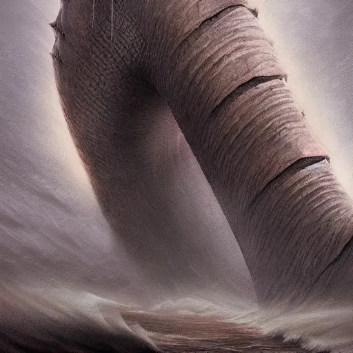 Image similar to giant from dune sandworm coming out of a stormy sea, lightning, highly detailed, beautiful light, epic, digital art, oil painting, award winning, fantasy artbook, 4 k