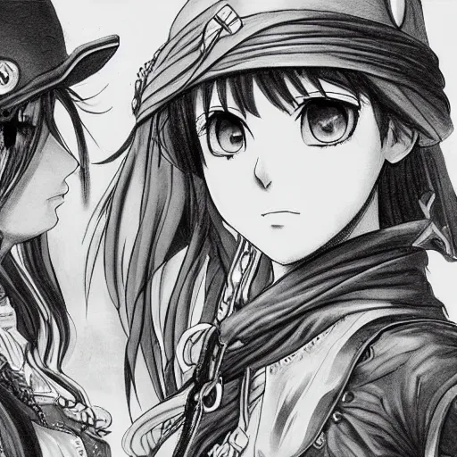 Prompt: a serious stare down between two beautiful pirate girls standing face to face, detailed anime art