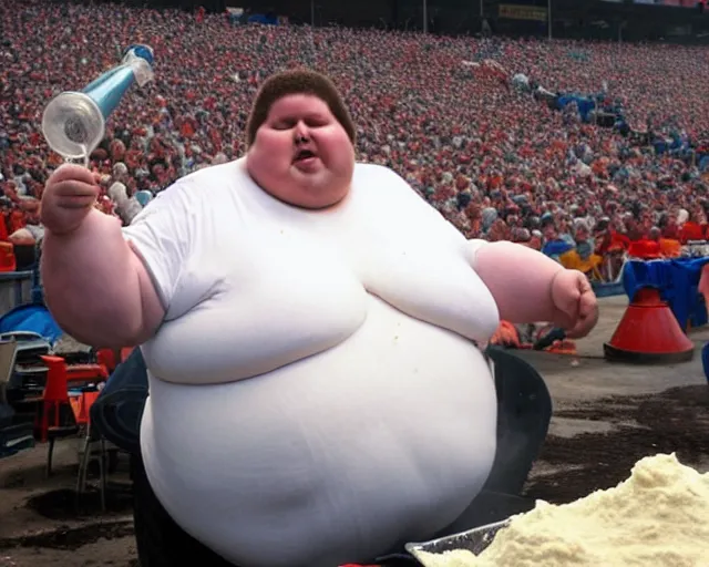 Image similar to Obese fan with an afro eating as much flour and oil humanly possible, he weighs 900 pounds and is drinking oil from a pitcher