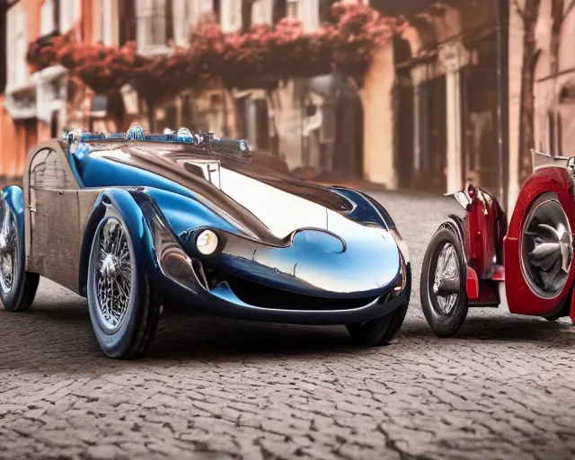 Image similar to a single bugatti type 5 7 and tesla roadster hybrid, dslr, cinematic, photorealistic, hyperdetailed