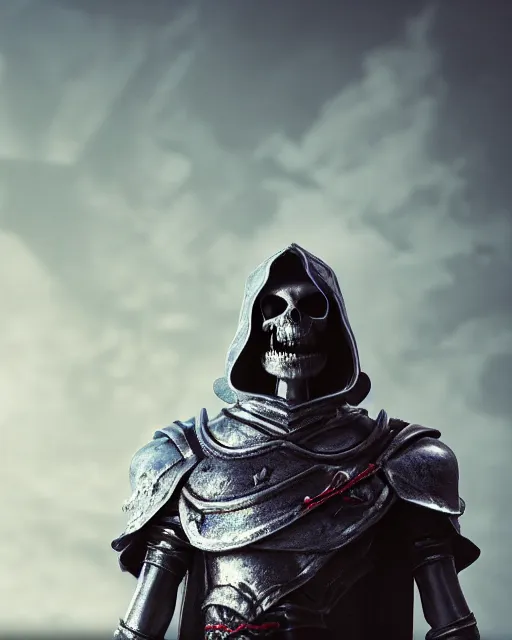 Prompt: closeup skeletor standing in a castle, rim lighting, octane, dark souls, craig mulins, octane, 8k