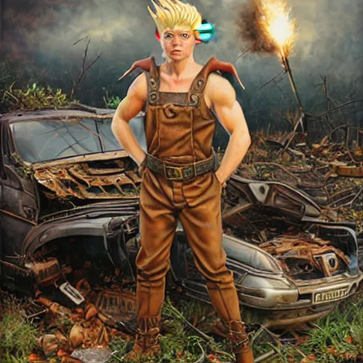 Prompt: an elf with spiky blonde hair wearing dark brown overalls and holding dynamite standing next to a destroyed car, painting by Mark Brooks