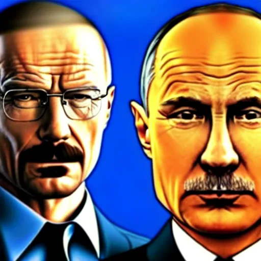 Image similar to walter white and vladimir putin in the style of a gta loading screen