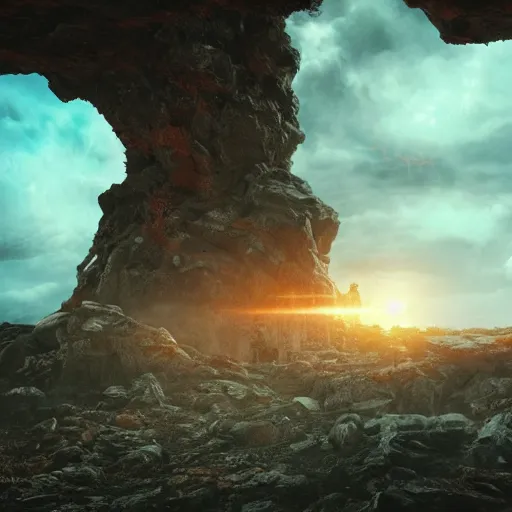 Prompt: comic book scene of an epic portal being exited by a god, cinematic, realistic, beautiful scenery, matte painting, highly detailed, octane render, unreal engine