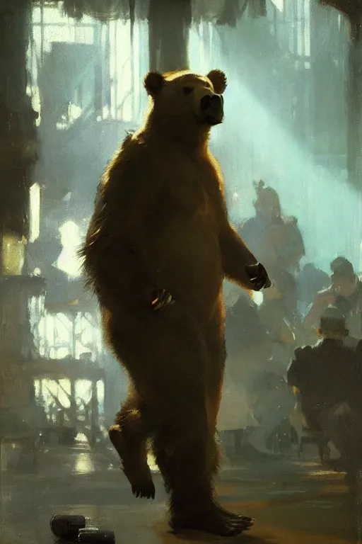 Prompt: portrait of professional gambling bear in the club by anders zorn, wonderful masterpiece by greg rutkowski, beautiful cinematic light, by greg manchess, jessica rossier