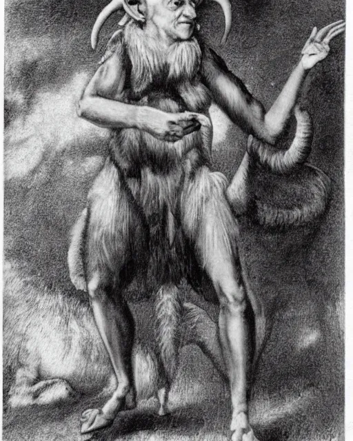 Image similar to aleister crowley as a a satyr goat man, he has long goat ears, multicolored goat fur, goat horns and yellow goat eyes with black horizontal pupils