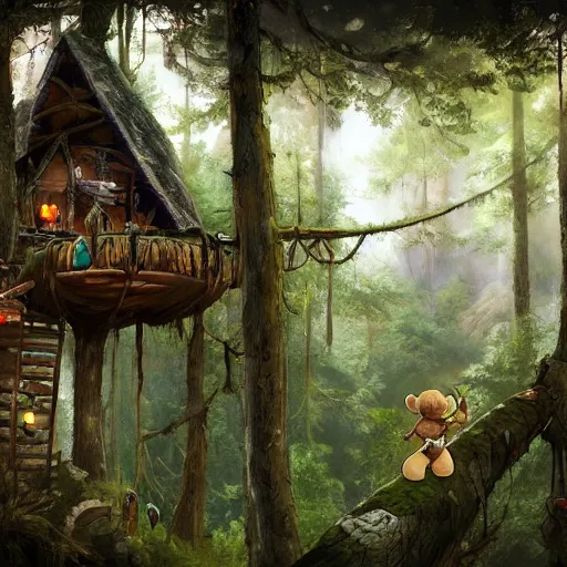 Image similar to adventurous ewok exploring the connected treehouses on top the tall wooded forest, artstation, colorful