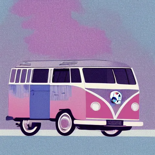 Image similar to illustration of an old van volkswagen, may 6 8, pastel colors, cool, hippie by victo ngai