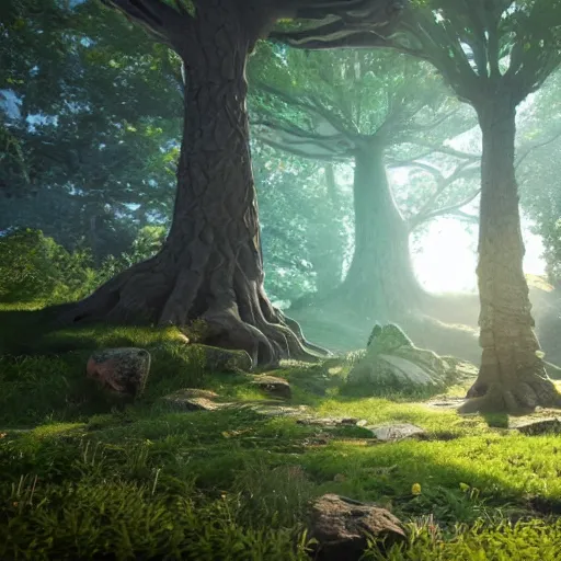 Image similar to yggdrasil the world tree, magical, light background, 8 k, unreal engine, octane render, hyperrealistic