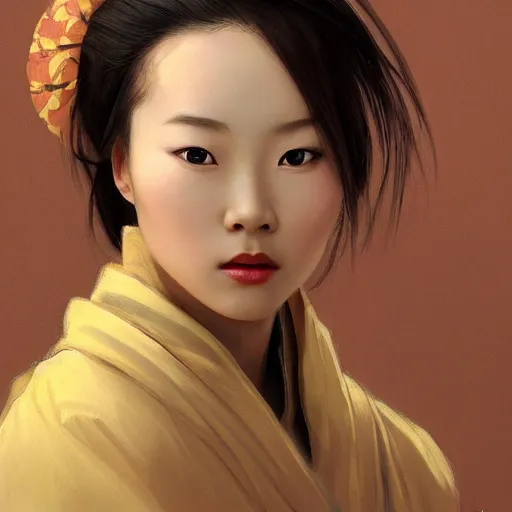Prompt: Beautiful portrait of a Chinese girl wearing a Chinese robe, symmetrical face, character concept art. Concept art, trending on artstation, trending by Alex Flores, Alphonse Mucha, Craig Mullins