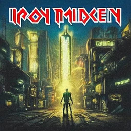 Prompt: Iron Maiden album cover cyberpunk Eddie city streets dystopian night time Street lights
