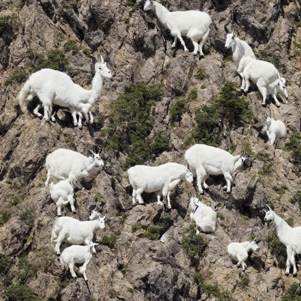 Prompt: mountain goats on a sheer cliffside, expressive, hyperrealism, photorealistic