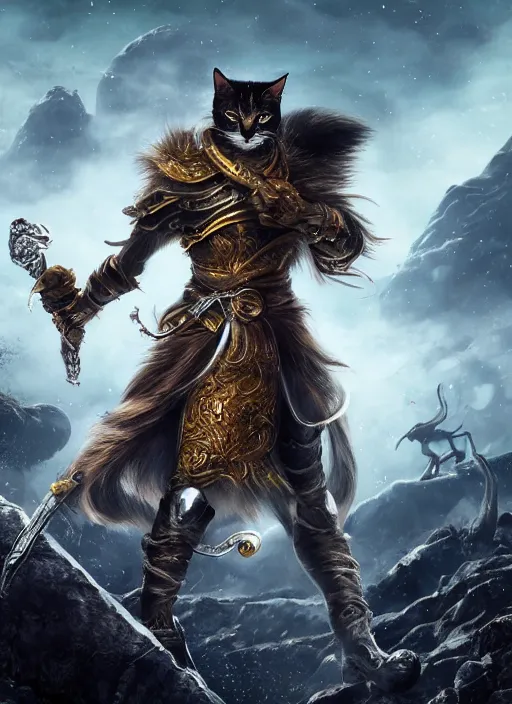 Image similar to a humanoid cat with a sword in elden ring, gameplay, boss fight, 8k, hd