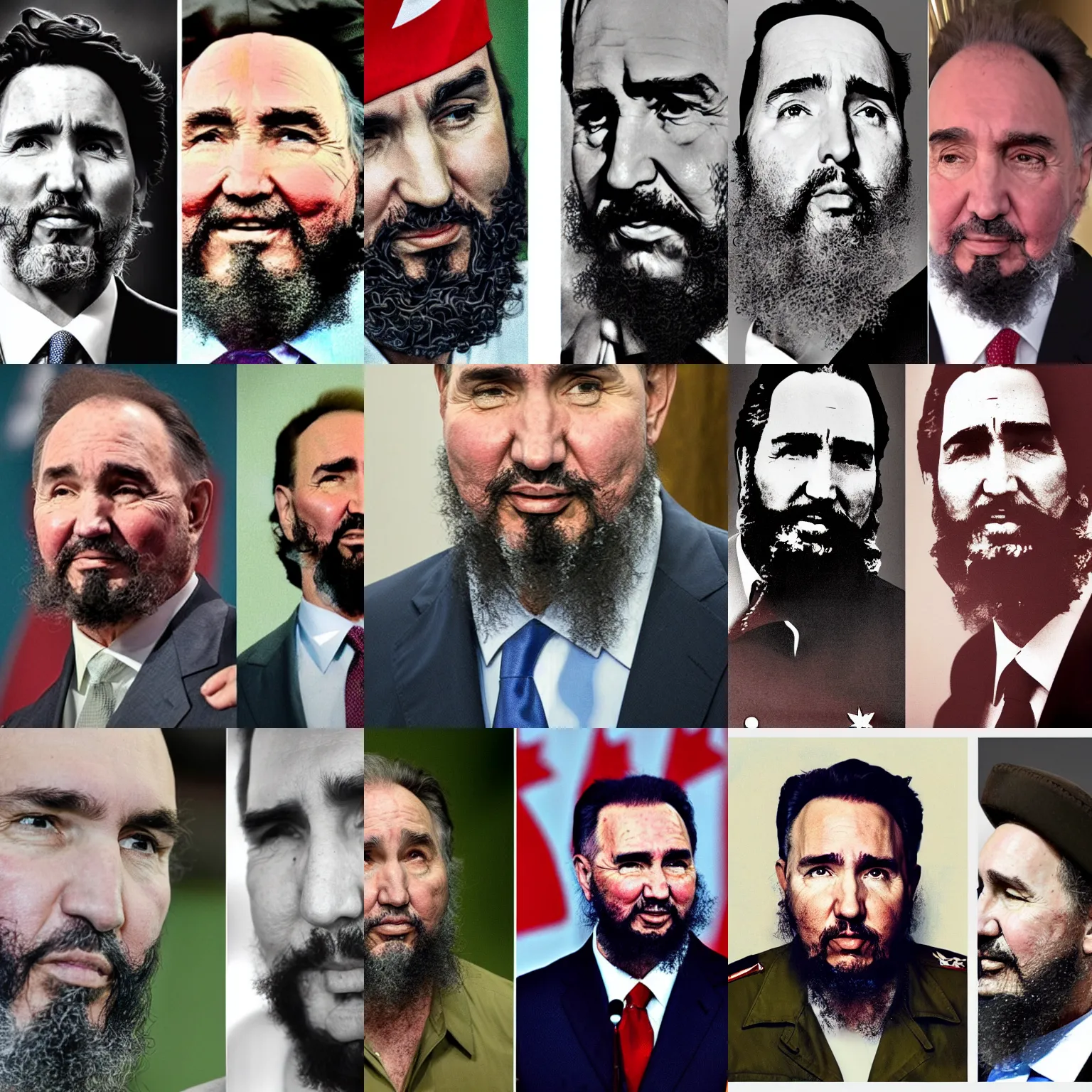 Prompt: vertical split view, left half justin trudeau, right half fidel castro