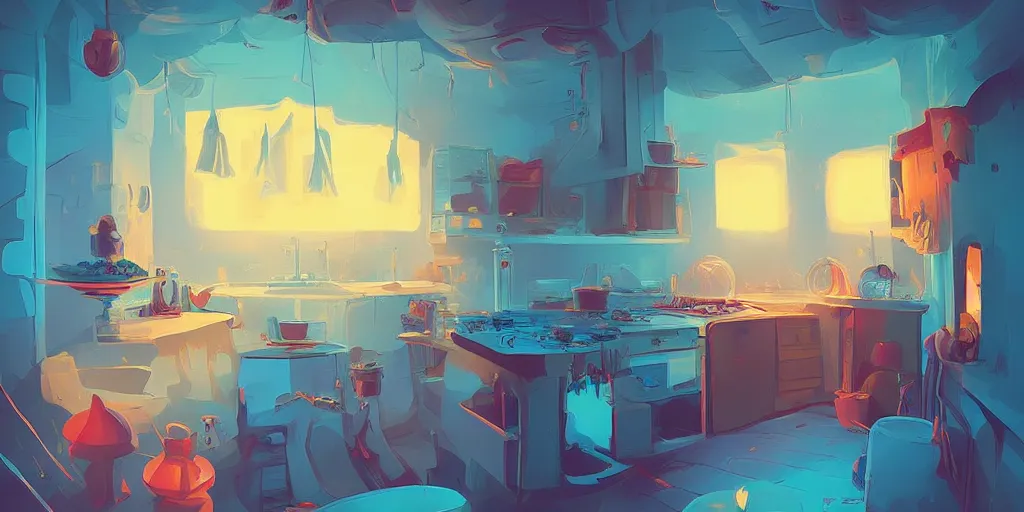 Prompt: weird!!!!! perspective epic illustration of a kitchen dim lit by 1 candle in a scenic environment by Anton Fadeev